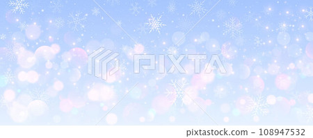 Christmas snowy background. Cold blue winter sky. Vector ice blizzard on gradient texture with bokeh and flakes. Festive new year theme for season sale wallpaper. 108947532