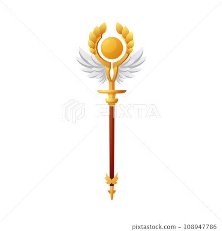 Magic staff decorated with golden wings and branches. Magic staff decorated with golden wings and branches. 108947786