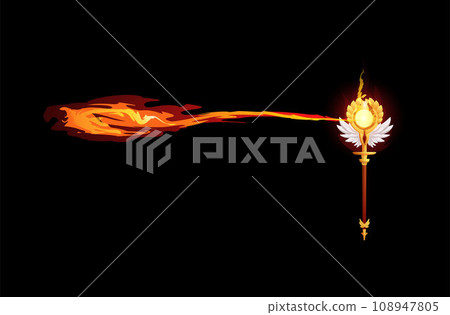 Magic staff with fire effect decorated with wings. 108947805