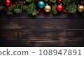 Colorful Christmas decorations on wooden surface. Copy space 108947891