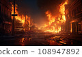 street after riots, fires burning in many places 108947892