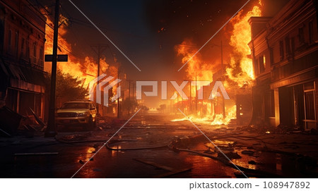 street after riots, fires burning in many places street after riots, fires burning in many places 108947892