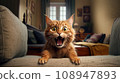 Funny cat with open mouth in living room 108947893