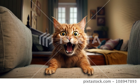 Funny cat with open mouth in living room 108947893