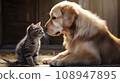 display of companionship between animals, as a dog and cat affectionately touch their heads together. 108947895