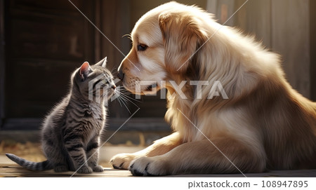 display of companionship between animals, as a dog and cat affectionately touch their heads together. display of companionship between animals, as a dog and cat affectionately touch their heads together. 108947895