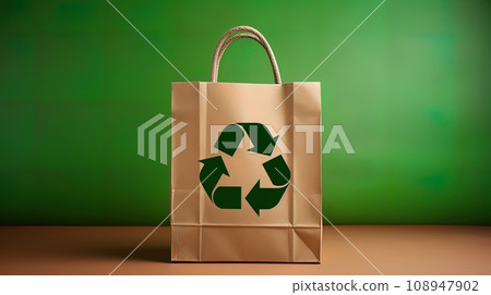 Paper bag with recycling symbol on green background. recyclable packaging concept 108947902