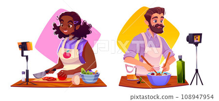 Food bloggers cooking healthy food on camera Food bloggers cooking healthy food on camera 108947954