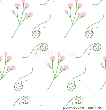 Abstract seamless pattern with flowering twigs and curly decorative elements in trendy soft shades Abstract seamless pattern with flowering twigs and curly decorative elements in trendy soft shades 108947958