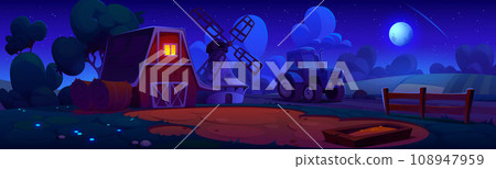 Night farm yard with tractor under starry sky Night farm yard with tractor under starry sky 108947959