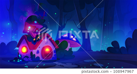 Fairy forest land with magic tiny house at night. Fairy forest land with magic tiny house at night. 108947967