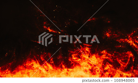 Abstract flame background. Night fire. Golden glitter smoke flow in black sky liquid shimmering sparkles paint spreading in dark hypnotic art. 108948005