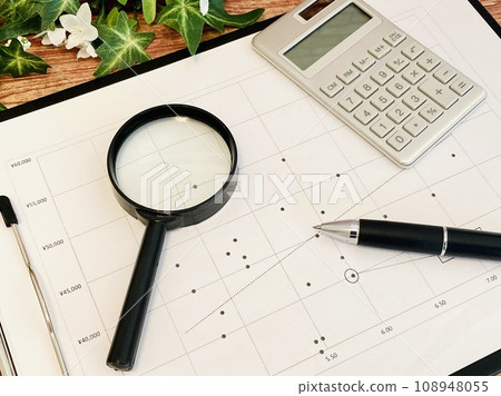 Magnifying glass, calculator and scatter plot 108948055
