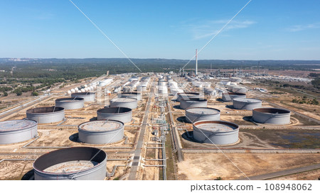 Portugal Sines oil terminal storage tanks, aerial view, oil and gas storage tanks, oil refinery chemical products. 108948062