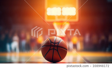Close-up of a basketball ball on the playing court Close-up of a basketball ball on the playing court 108948172