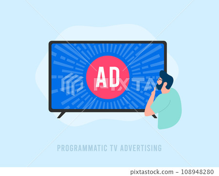 Programmatic TV Advertising. Automated buying and selling of online advertising space for television, optimizing native media tv marketing. Vector illustration isolated on white background with icons Programmatic TV Advertising. Automated buying and selling of online advertising space for television, optimizing native media tv marketing. Vector illustration isolated on white background with icons 108948280
