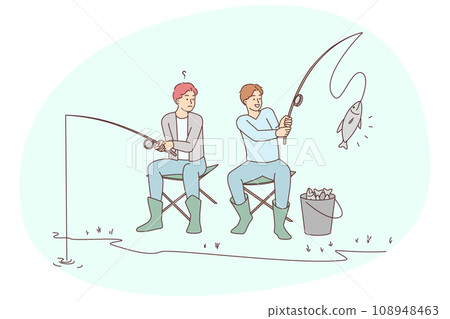 Men sitting on bank fishing 108948463