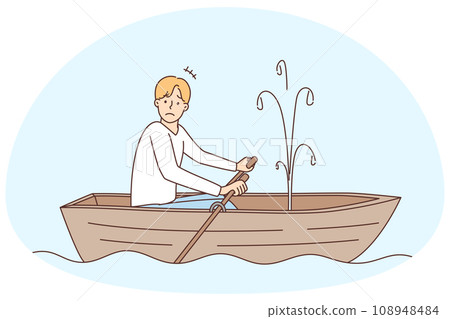 Stressed man sailing in boat with leakage 108948484