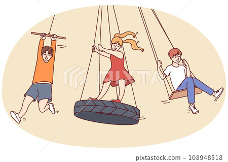 Happy kids ride on swings outdoors 108948518