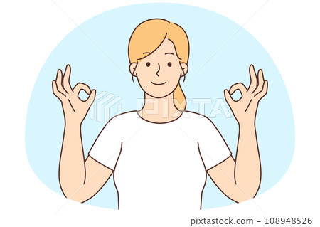 Smiling woman with mudra hands meditating 108948526