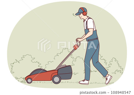 Man in uniform with lawn mower Man in uniform with lawn mower 108948547
