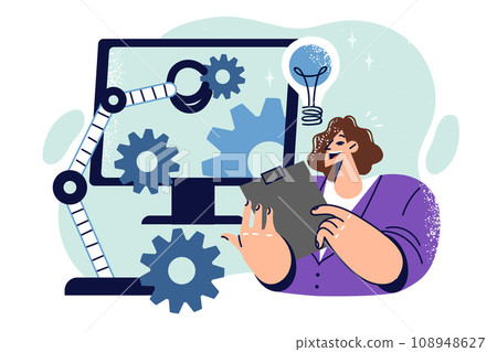Woman studies production automation standing near monitor with gears and industrial arm manipulator Woman studies production automation standing near monitor with gears and industrial arm manipulator 108948627