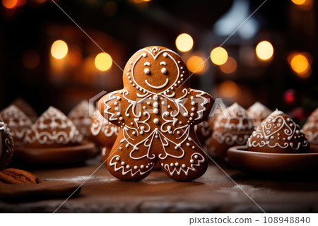 Gingerbread man and gingerbread cookie on christmas bokeh background 108948840