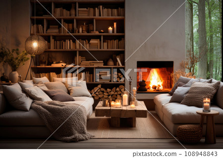 Winter cozy decor of the living room with a sofa and a burning fireplace Winter cozy decor of the living room with a sofa and a burning fireplace 108948843