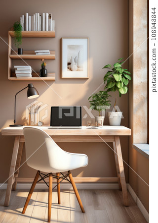 Cozy interior of a modern workplace with a laptop at home in Scandinavian style Cozy interior of a modern workplace with a laptop at home in Scandinavian style 108948844