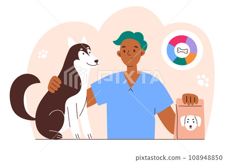 Pet diet and nutrition illustration, hand drawn scene with vet doctor and siberian huski, vector illustration of dog food pack, feeding puppy consultation, veterinary clinic, colored clipart Pet diet and nutrition illustration, hand drawn scene with vet doctor and siberian huski, vector illustration of dog food pack, feeding puppy consultation, veterinary clinic, colored clipart 108948850