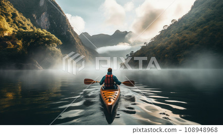 A young man paddles a kayak in a river 108948968