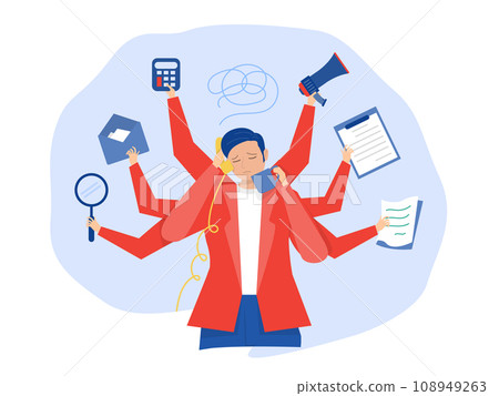 Multitasking man concept , Busy businessman multitask activities with many hands at office, Overworked, Workaholic,Time management several objects concept illustration Multitasking man concept , Busy businessman multitask activities with many hands at office, Overworked, Workaholic,Time management several objects concept illustration 108949263