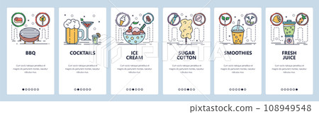 Mobile app onboarding screens. Alcohol drinks, cocktails, ice cream, juice and smoothies. Menu vector banner template for website and mobile development. Web site design flat illustration 108949548