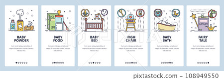 Mobile app onboarding screens. New born baby room, milk formula, baby bed and bath. Menu vector banner template for website and mobile development. Web site design flat illustration Mobile app onboarding screens. New born baby room, milk formula, baby bed and bath. Menu vector banner template for website and mobile development. Web site design flat illustration 108949550