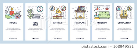 Mobile app onboarding screens. Home interior, hugge, house decoration and furniture. Menu vector banner template for website and mobile development. Web site design flat illustration Mobile app onboarding screens. Home interior, hugge, house decoration and furniture. Menu vector banner template for website and mobile development. Web site design flat illustration 108949551