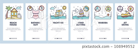 Mobile app onboarding screens. Summer vacation activities, yachting, wind surfing, waboba, jet ski, beach holiday. Vector banner template for website and mobile development. Web site flat illustration 108949552