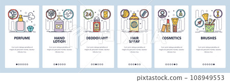 Mobile app onboarding screens. Natural cosmetics, perfume, hair spray, brushes, hand lotion. Menu vector banner template for website and mobile development. Web site design flat illustration Mobile app onboarding screens. Natural cosmetics, perfume, hair spray, brushes, hand lotion. Menu vector banner template for website and mobile development. Web site design flat illustration 108949553