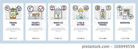 Mobile app onboarding screens. Business travel, buy tickets, online booking, passport photo. Menu vector banner template for website and mobile development. Web site design flat illustration Mobile app onboarding screens. Business travel, buy tickets, online booking, passport photo. Menu vector banner template for website and mobile development. Web site design flat illustration 108949556