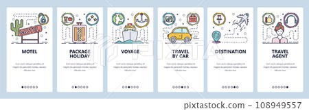 Mobile app onboarding screens. Summer vacation, travel by car, sea cruise, tour package, motel sign. Menu vector banner template for website and mobile development. Web site design flat illustration Mobile app onboarding screens. Summer vacation, travel by car, sea cruise, tour package, motel sign. Menu vector banner template for website and mobile development. Web site design flat illustration 108949557