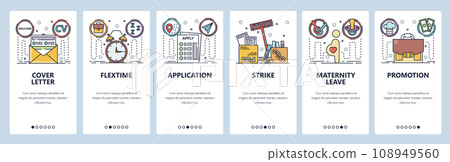 Mobile app onboarding screens. Job application, CV cover letter, maternity leave, strike, promotion. Menu vector banner template for website and mobile development. Web site design flat illustration Mobile app onboarding screens. Job application, CV cover letter, maternity leave, strike, promotion. Menu vector banner template for website and mobile development. Web site design flat illustration 108949560