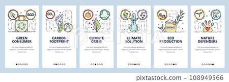 Mobile app onboarding screens. Global warming and climate change. Carbon footprint, nature protection. Menu vector banner template for website and mobile development. Web site design flat illustration Mobile app onboarding screens. Global warming and climate change. Carbon footprint, nature protection. Menu vector banner template for website and mobile development. Web site design flat illustration 108949566