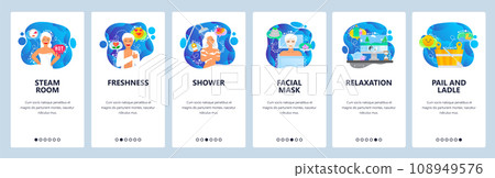 Mobile app onboarding screens. Steam sauna, shower, facial mask, relax and zen. Menu vector banner template for website and mobile development. Web site design flat illustration Mobile app onboarding screens. Steam sauna, shower, facial mask, relax and zen. Menu vector banner template for website and mobile development. Web site design flat illustration 108949576