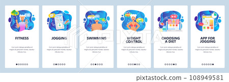 Mobile app onboarding screens. Fitness, music for jogging, diet and weight control, healthy lifestyle. Menu vector banner template for website and mobile development. Web site design flat illustration Mobile app onboarding screens. Fitness, music for jogging, diet and weight control, healthy lifestyle. Menu vector banner template for website and mobile development. Web site design flat illustration 108949581