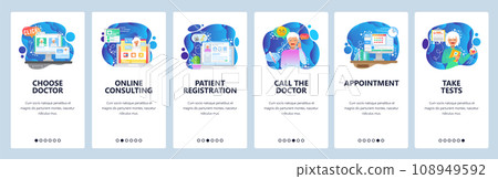 Mobile app onboarding screens. Online medical consulting, chat with doctor, sick patient. Menu vector banner template for website and mobile development. Web site design flat illustration 108949592