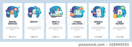 Mobile app onboarding screens. Dental clinic, doctor, medical history, organ donation, nurse. Menu vector banner template for website and mobile development. Web site design flat illustration 108949593