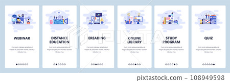 Mobile app onboarding screens. Online education, webinar, e-library and reading, quiz. Menu vector banner template for website and mobile development. Web site design flat illustration 108949598