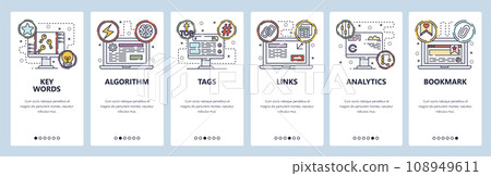 Mobile app onboarding screens. SEO, links building and digital marketing. Menu vector banner template for website and mobile development. Web site design flat illustration Mobile app onboarding screens. SEO, links building and digital marketing. Menu vector banner template for website and mobile development. Web site design flat illustration 108949611