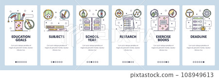 Mobile app onboarding screens. School education, exam deadline, exercise book. Menu vector banner template for website and mobile development. Web site design flat illustration Mobile app onboarding screens. School education, exam deadline, exercise book. Menu vector banner template for website and mobile development. Web site design flat illustration 108949613