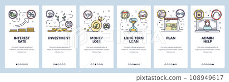 Mobile app onboarding screens. Interest rate, money investment, bank loan. Menu vector banner template for website and mobile development. Web site design flat illustration 108949617