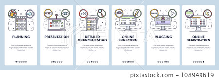 Mobile app onboarding screens. Online education, business planning and presentation, vlog. Menu vector banner template for website and mobile development. Web site design flat illustration Mobile app onboarding screens. Online education, business planning and presentation, vlog. Menu vector banner template for website and mobile development. Web site design flat illustration 108949619